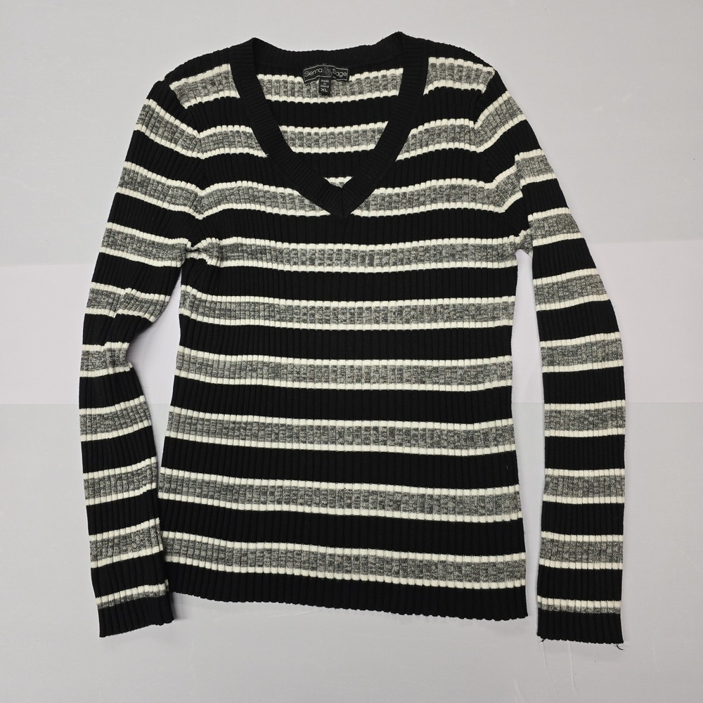 Sienna Sage Striped V Neck‎ Ribbed Knit Women's XL Black White Gray Long Sleeve